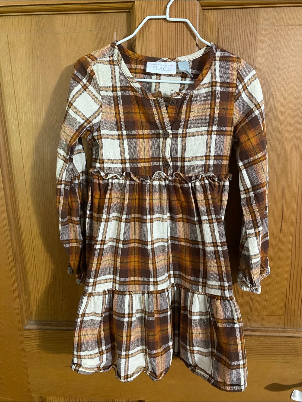 The Children's Place Brown and Cream Plaid Tiered Long-Sleeve Dress